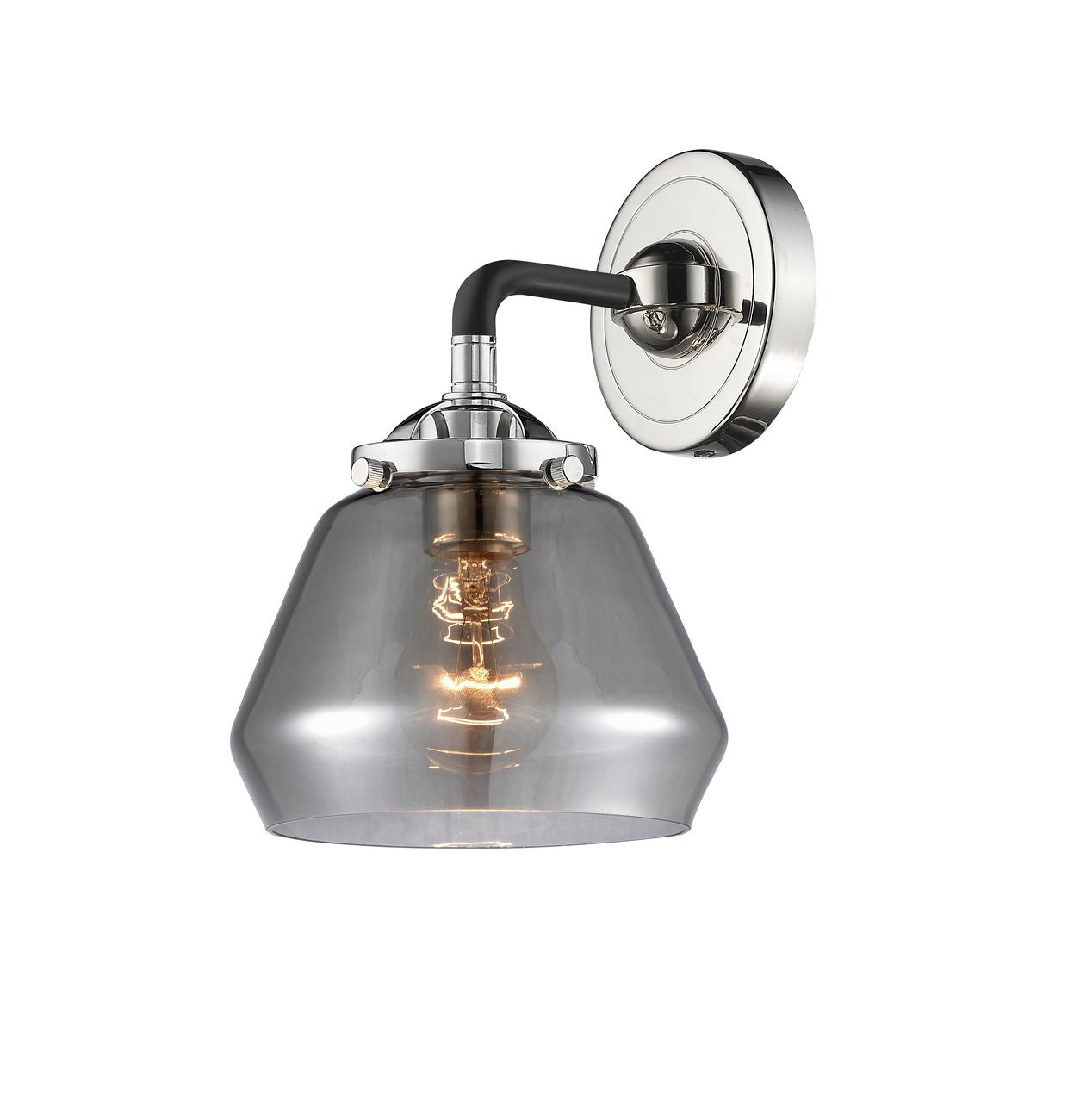 284-1W-BPN-G173 1-Light 6.75" Black Polished Nickel Sconce - Plated Smoke Fulton Glass - LED Bulb - Dimmensions: 6.75 x 7.625 x 8.5 - Glass Up or Down: Yes