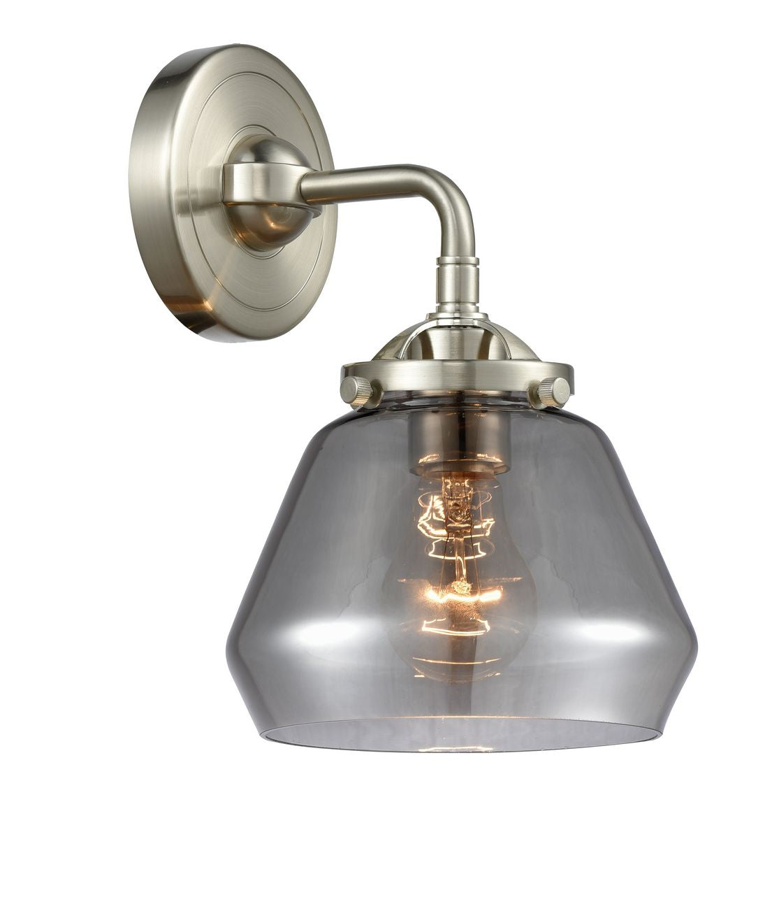 284-1W-SN-G173 1-Light 6.75" Brushed Satin Nickel Sconce - Plated Smoke Fulton Glass - LED Bulb - Dimmensions: 6.75 x 7.625 x 8.5 - Glass Up or Down: Yes
