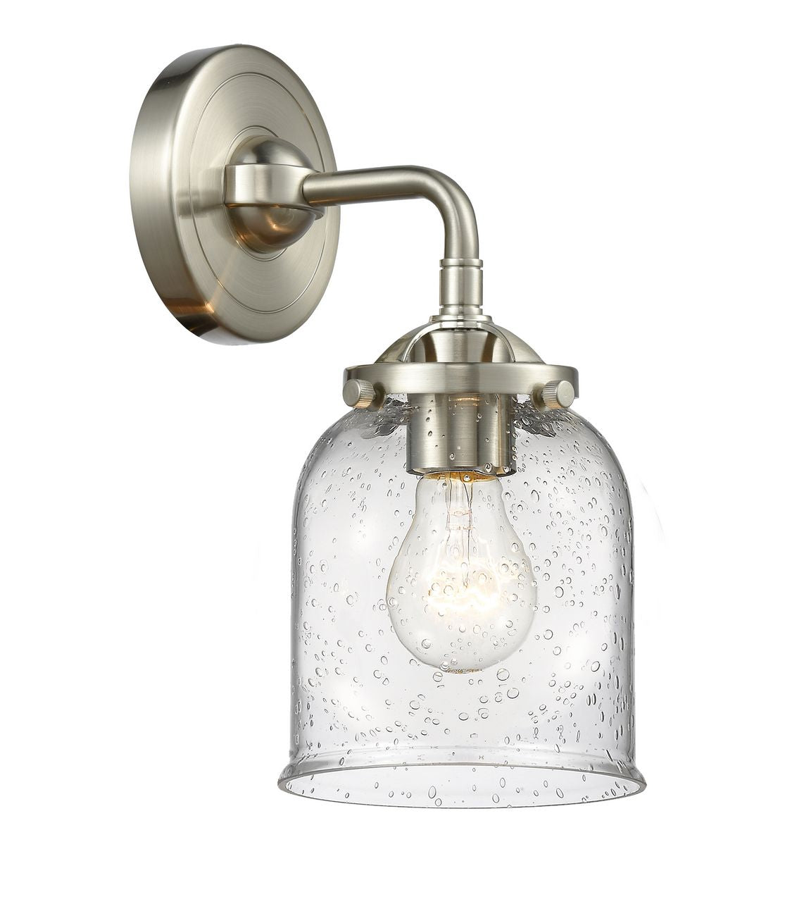 284-1W-SN-G54 1-Light 5" Brushed Satin Nickel Sconce - Seedy Small Bell Glass - LED Bulb - Dimmensions: 5 x 6.75 x 9 - Glass Up or Down: Yes