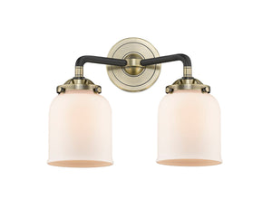 2-Light 13" Black Antique Brass Bath Vanity Light - Matte White Cased Small Bell Glass LED
