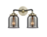 2-Light 13" Black Antique Brass Bath Vanity Light - Plated Smoke Small Bell Glass LED