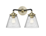 2-Light 14.25" Black Antique Brass Bath Vanity Light - Seedy Small Cone Glass LED