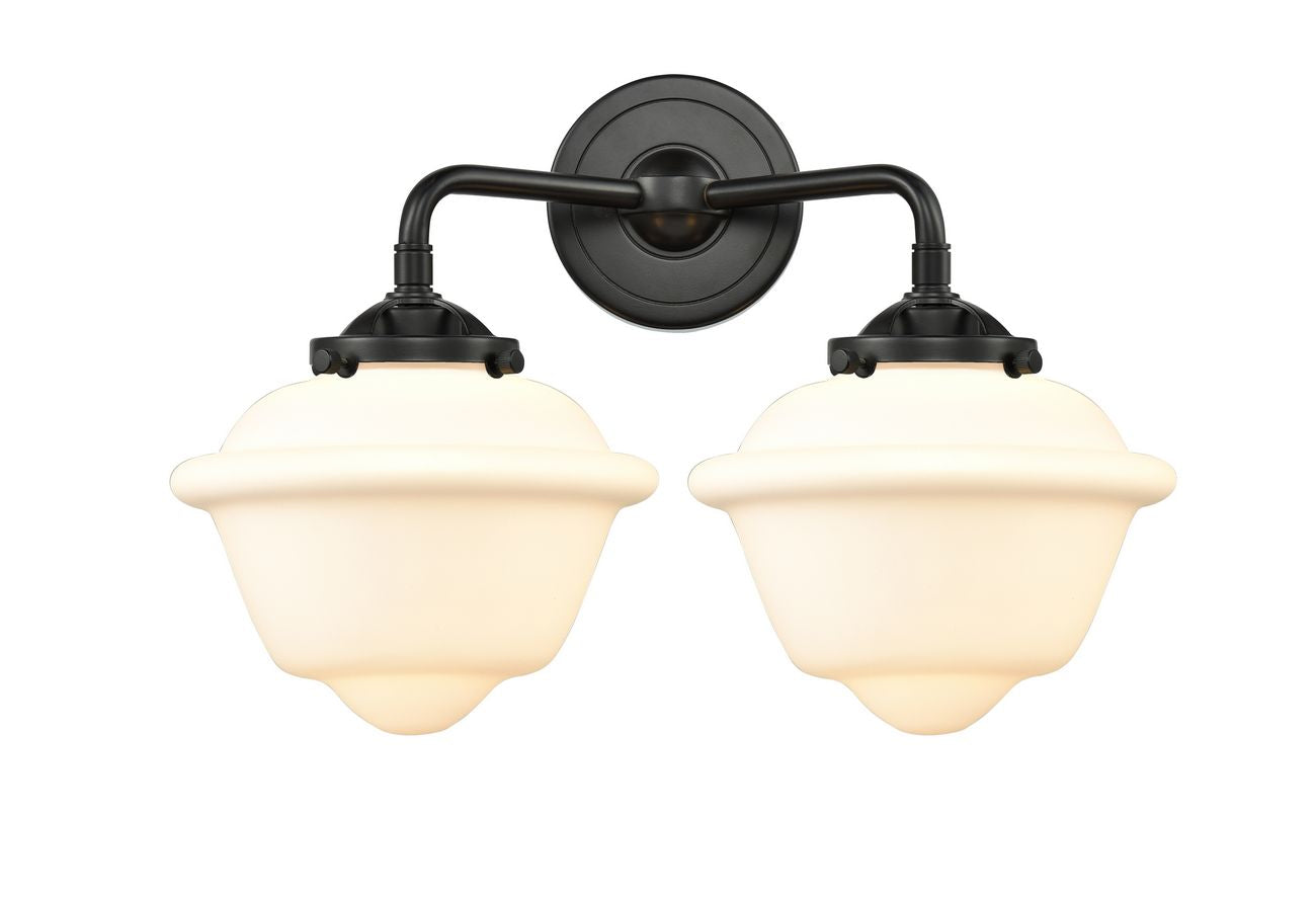 284-2W-OB-G531 2-Light 15.5" Oil Rubbed Bronze Bath Vanity Light - Matte White Cased Small Oxford Glass - LED Bulb - Dimmensions: 15.5 x 8 x 11 - Glass Up or Down: Yes