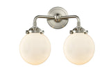 284-2W-SN-G201-6 2-Light 14" Brushed Satin Nickel Bath Vanity Light - Matte White Cased Beacon Glass - LED Bulb - Dimmensions: 14 x 7.25 x 11 - Glass Up or Down: Yes