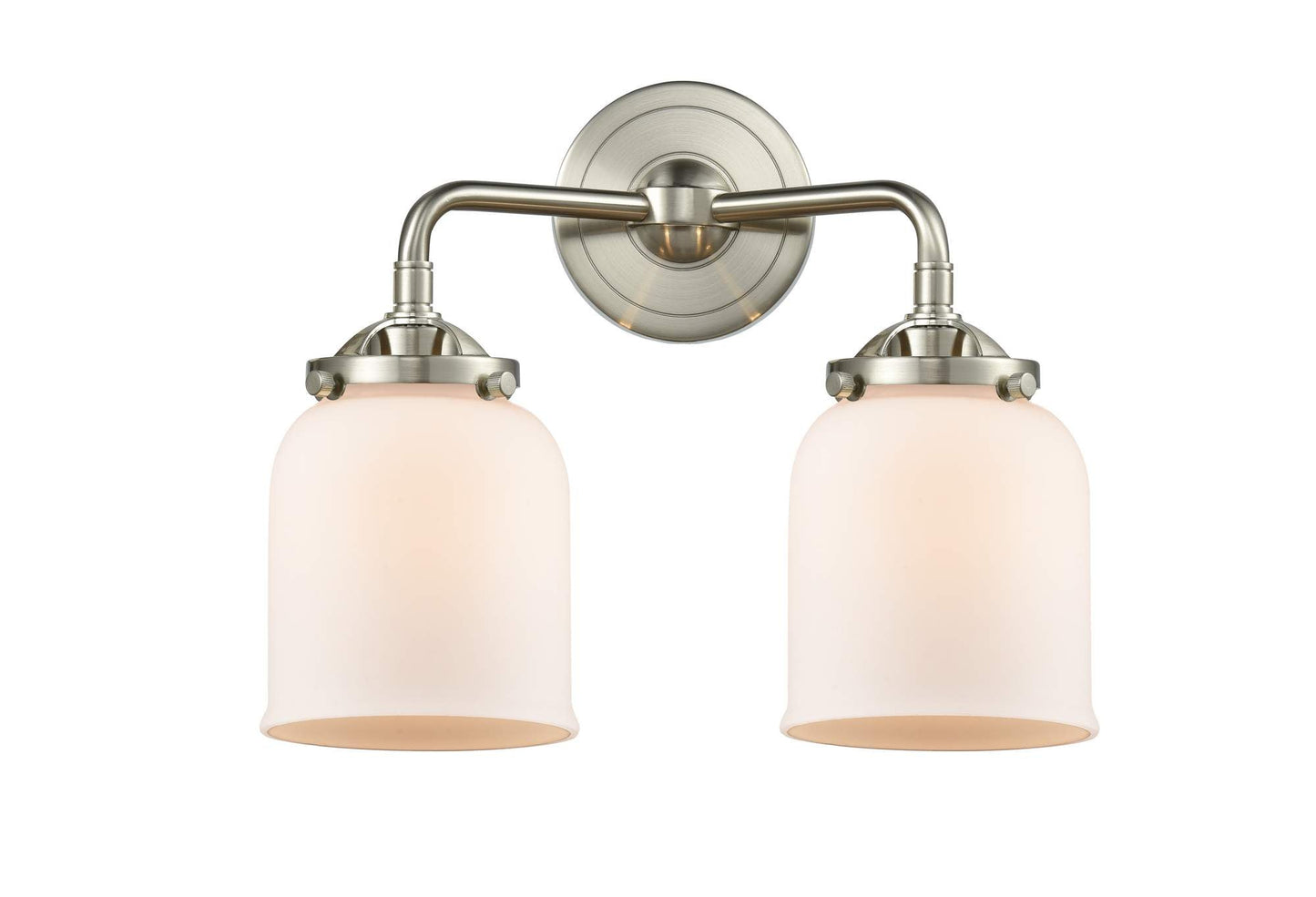 284-2W-SN-G51 2-Light 13" Brushed Satin Nickel Bath Vanity Light - Matte White Cased Small Bell Glass - LED Bulb - Dimmensions: 13 x 6.75 x 11 - Glass Up or Down: Yes