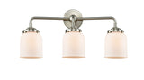 284-3W-SN-G51 3-Light 23" Brushed Satin Nickel Bath Vanity Light - Matte White Cased Small Bell Glass - LED Bulb - Dimmensions: 23 x 6.75 x 9 - Glass Up or Down: Yes