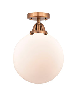 1-Light 10" Antique Copper Semi-Flush Mount - Matte White Cased Beacon Glass LED