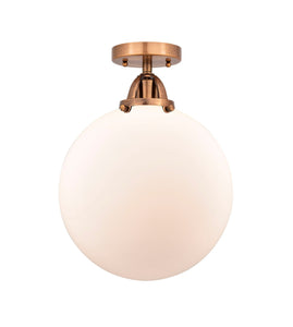 1-Light 12" Antique Copper Semi-Flush Mount - Matte White Cased Beacon Glass LED