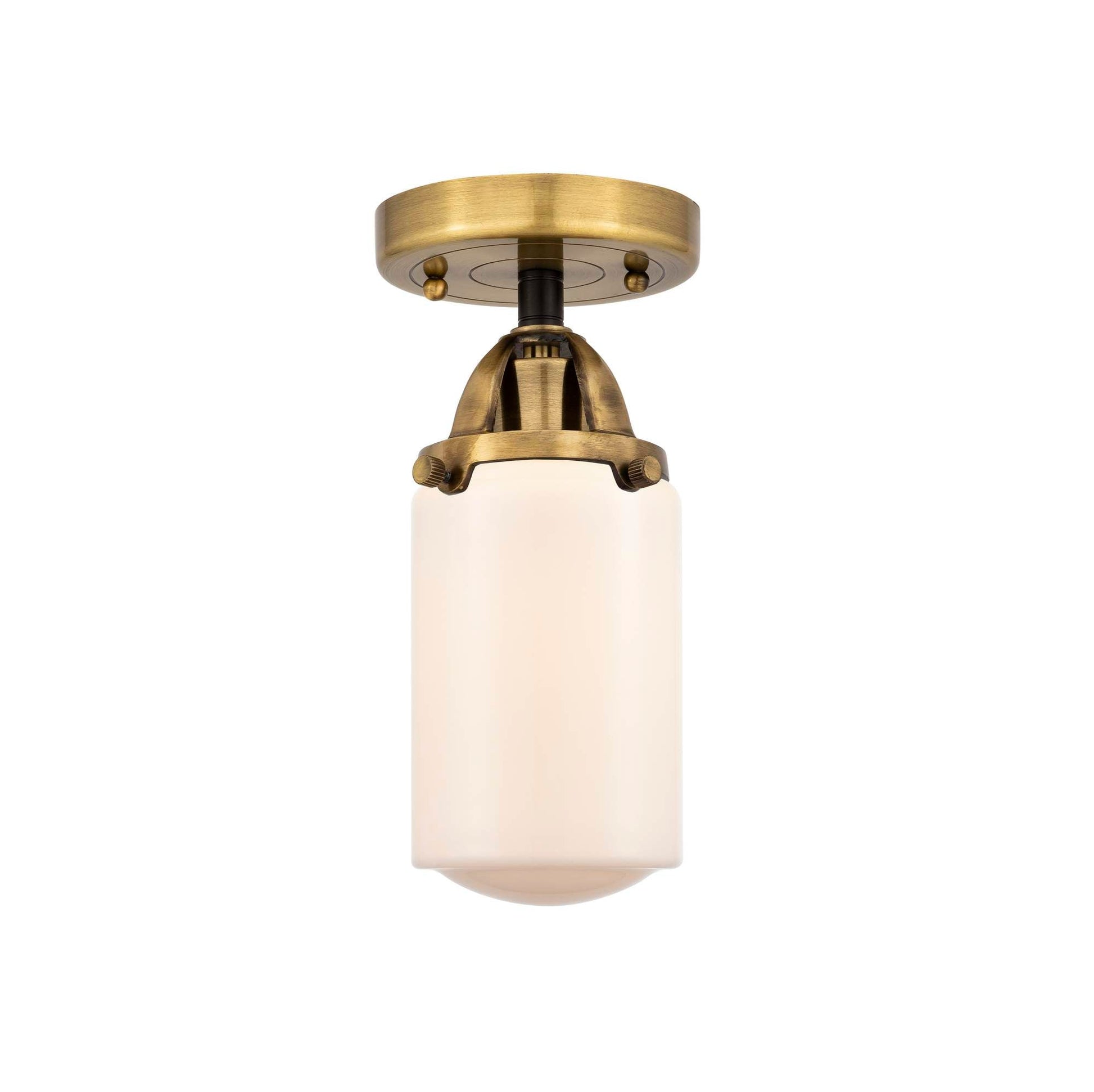 288-1C-BAB-G311 1-Light 4.5" Black Antique Brass Semi-Flush Mount - Matte White Cased Dover Glass - LED Bulb - Dimmensions: 4.5 x 4.5 x 10 - Sloped Ceiling Compatible: No