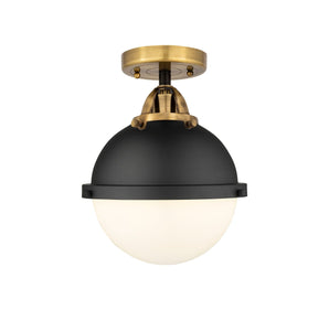 288-1C-BAB-HFS-81-BK 1-Light 9" Matte Black Semi-Flush Mount - Matte White Hampden Glass - LED Bulb - Dimmensions: 9 x 9 x 13.375 - Sloped Ceiling Compatible: No