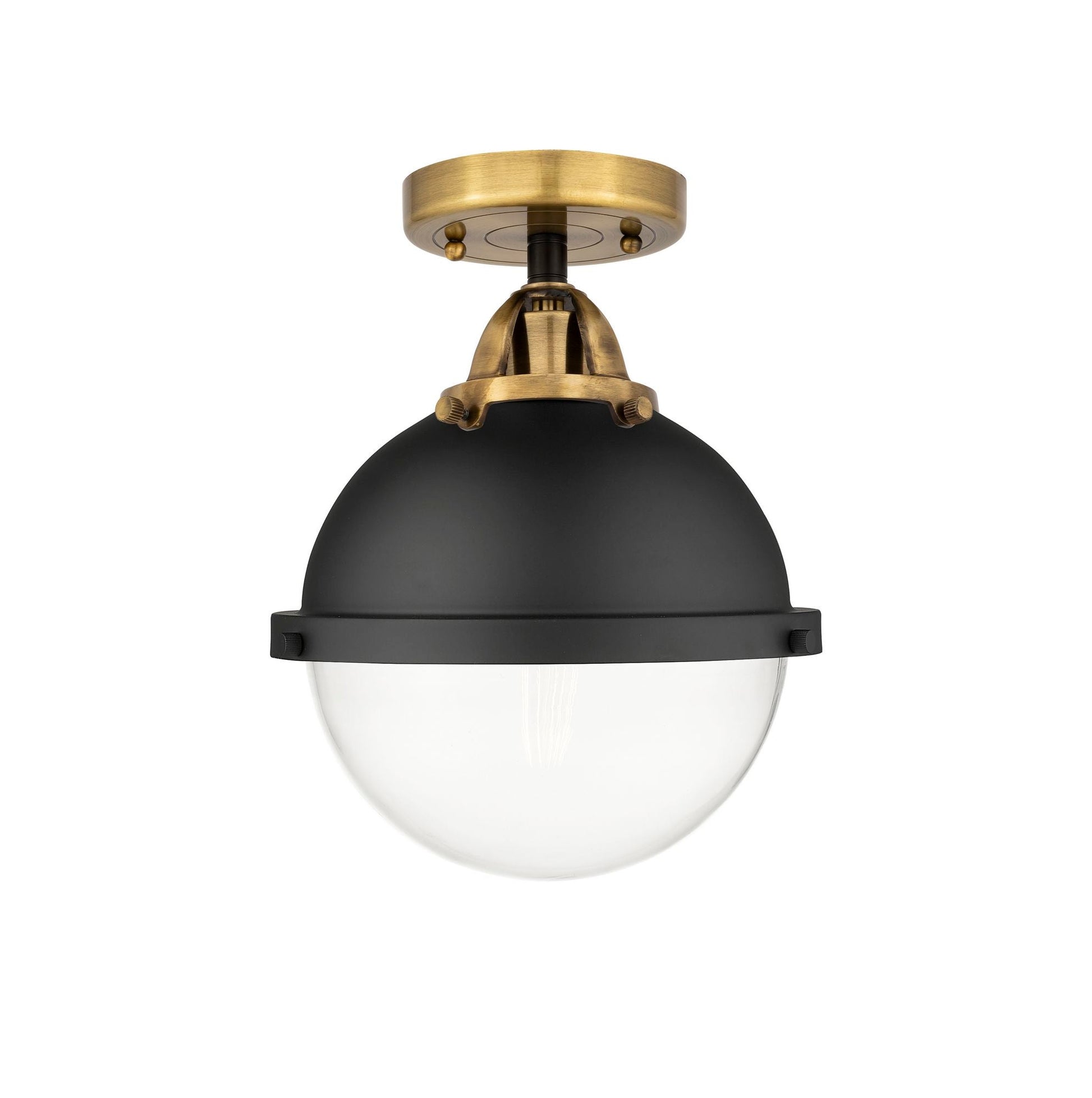 288-1C-BAB-HFS-82-BK 1-Light 9" Matte Black Semi-Flush Mount - Clear Hampden Glass - LED Bulb - Dimmensions: 9 x 9 x 13.375 - Sloped Ceiling Compatible: No