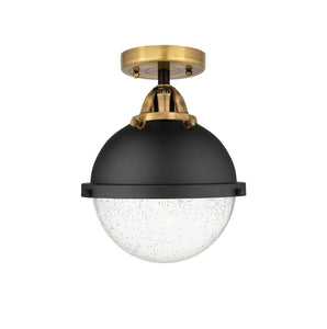 288-1C-BAB-HFS-84-BK 1-Light 9" Matte Black Semi-Flush Mount - Seedy Hampden Glass - LED Bulb - Dimmensions: 9 x 9 x 13.375 - Sloped Ceiling Compatible: No