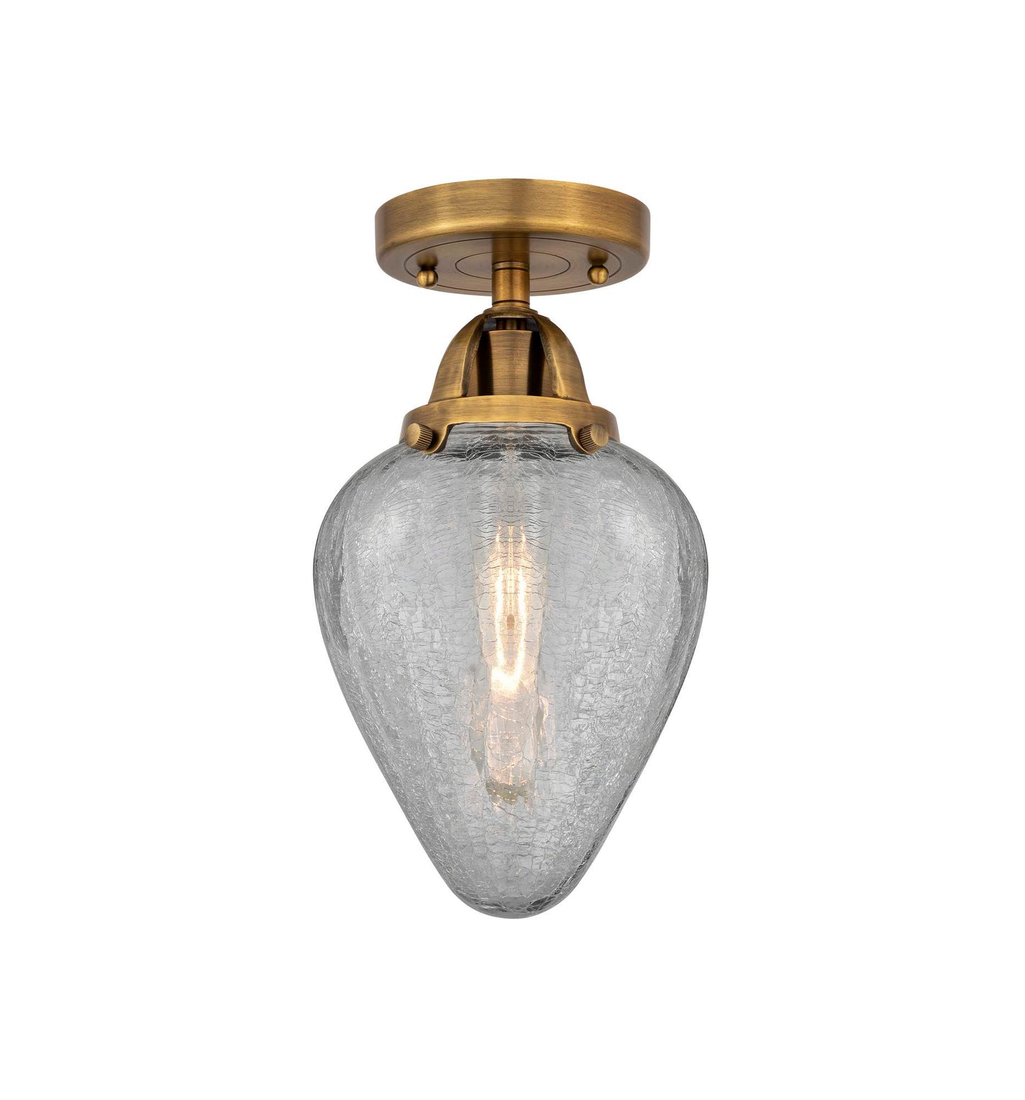 288-1C-BB-G165 1-Light 6.5" Brushed Brass Semi-Flush Mount - Clear Crackle Geneseo Glass - LED Bulb - Dimmensions: 6.5 x 6.5 x 12.25 - Sloped Ceiling Compatible: No