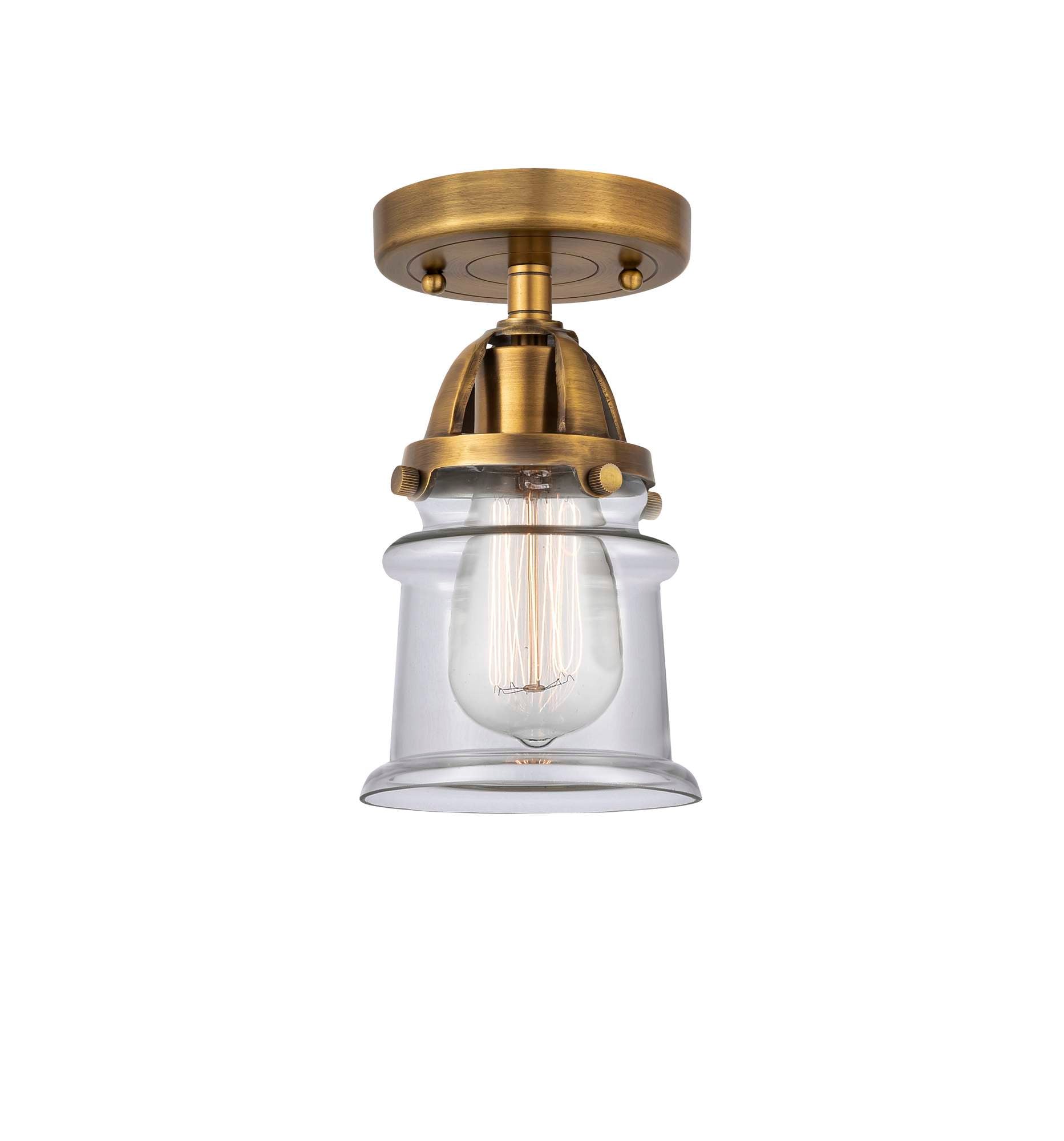 288-1C-BB-G182S 1-Light 5.25" Brushed Brass Semi-Flush Mount - Clear Small Canton Glass - LED Bulb - Dimmensions: 5.25 x 5.25 x 9 - Sloped Ceiling Compatible: No