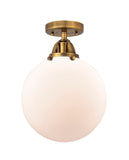 288-1C-BB-G201-10 1-Light 10" Brushed Brass Semi-Flush Mount - Matte White Cased Beacon Glass - LED Bulb - Dimmensions: 10 x 10 x 13.25 - Sloped Ceiling Compatible: No