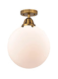 288-1C-BB-G201-12 1-Light 12" Brushed Brass Semi-Flush Mount - Matte White Cased Beacon Glass - LED Bulb - Dimmensions: 12 x 12 x 15.25 - Sloped Ceiling Compatible: No
