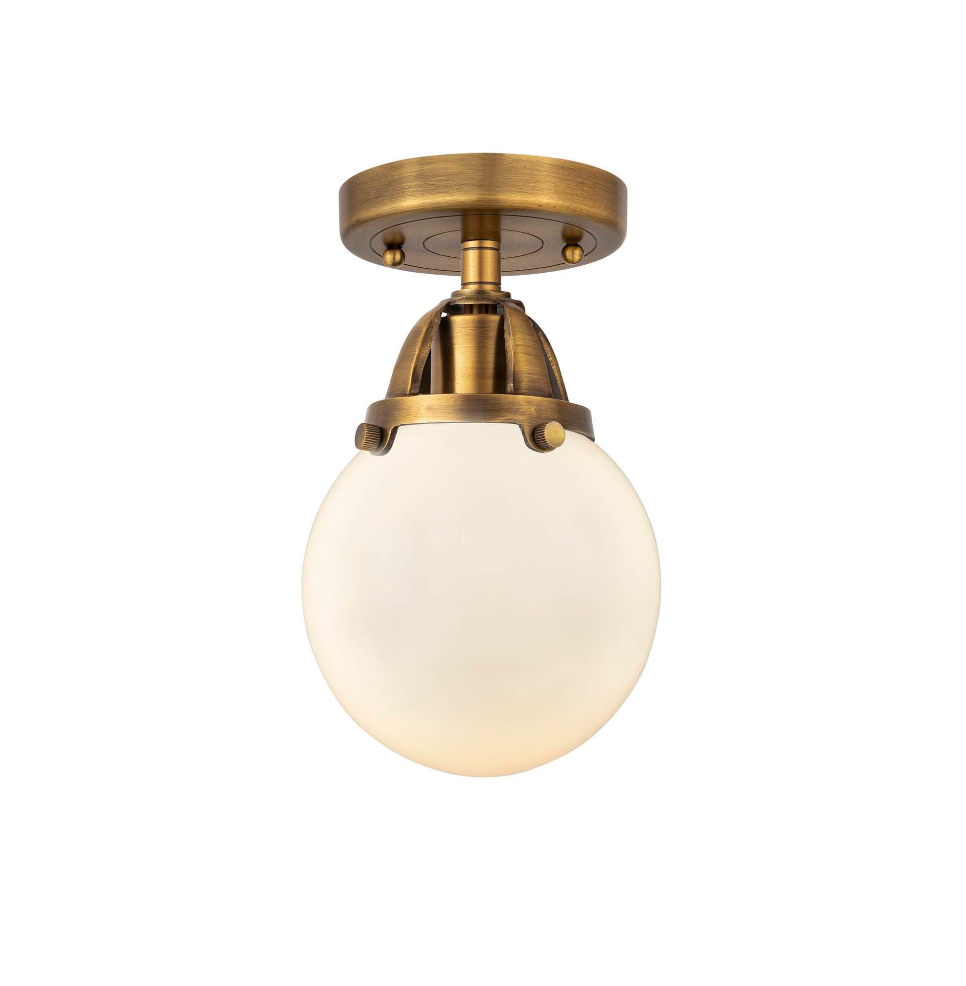 288-1C-BB-G201-6 1-Light 6" Brushed Brass Semi-Flush Mount - Matte White Cased Beacon Glass - LED Bulb - Dimmensions: 6 x 6 x 9.25 - Sloped Ceiling Compatible: No