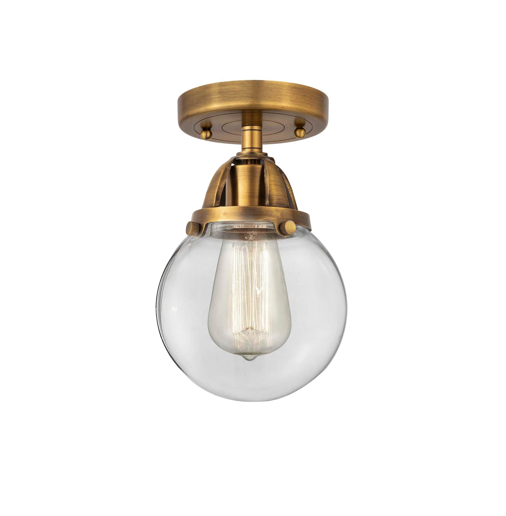 288-1C-BB-G202-6 1-Light 6" Brushed Brass Semi-Flush Mount - Clear Beacon Glass - LED Bulb - Dimmensions: 6 x 6 x 9.25 - Sloped Ceiling Compatible: No