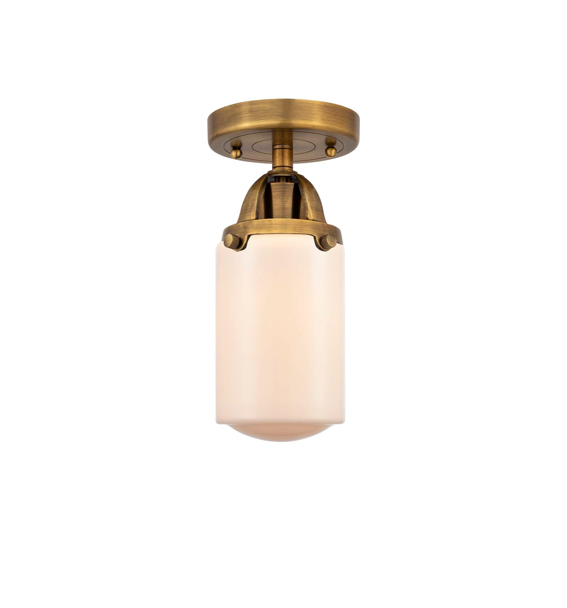 288-1C-BB-G311 1-Light 4.5" Brushed Brass Semi-Flush Mount - Matte White Cased Dover Glass - LED Bulb - Dimmensions: 4.5 x 4.5 x 10 - Sloped Ceiling Compatible: No