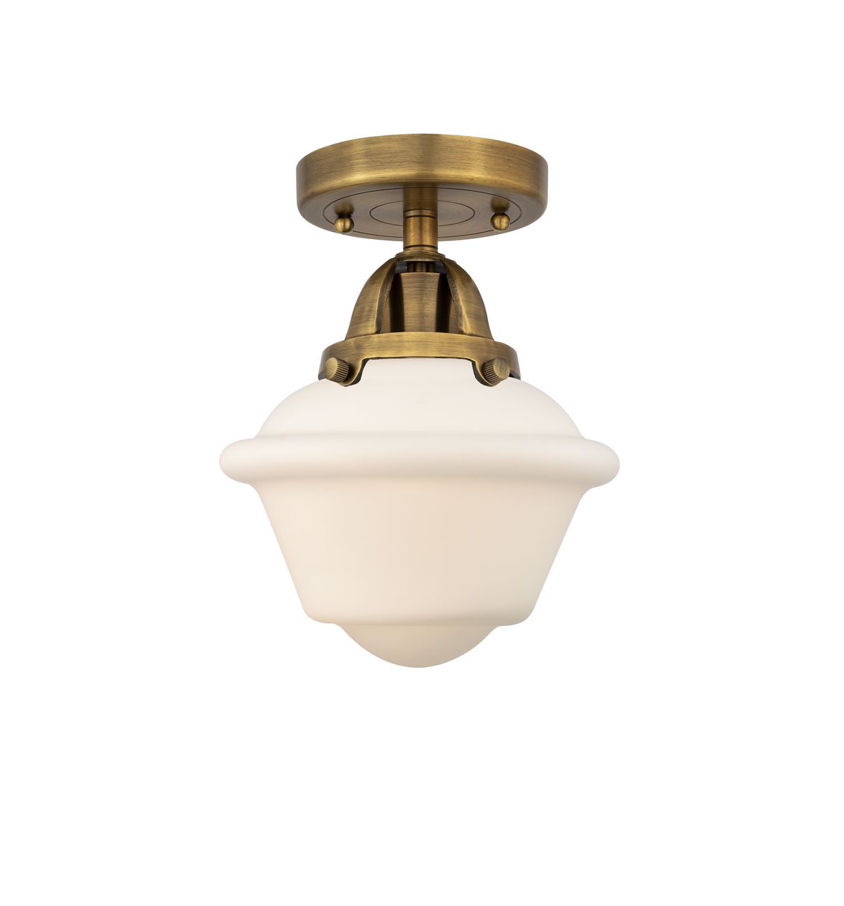 288-1C-BB-G531 1-Light 7.5" Brushed Brass Semi-Flush Mount - Matte White Cased Small Oxford Glass - LED Bulb - Dimmensions: 7.5 x 7.5 x 9.25 - Sloped Ceiling Compatible: No