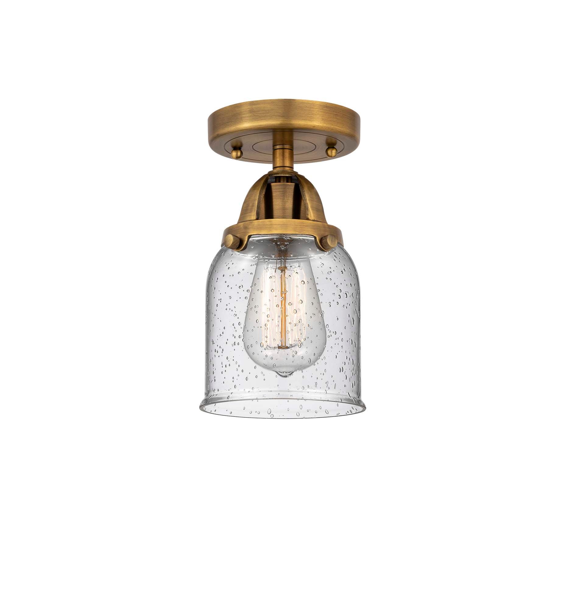 288-1C-BB-G54 1-Light 5" Brushed Brass Semi-Flush Mount - Seedy Small Bell Glass - LED Bulb - Dimmensions: 5 x 5 x 9.25 - Sloped Ceiling Compatible: No