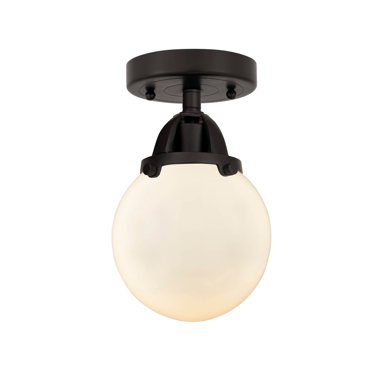 288-1C-BK-G201-6 1-Light 6" Matte Black Semi-Flush Mount - Matte White Cased Beacon Glass - LED Bulb - Dimmensions: 6 x 6 x 9.25 - Sloped Ceiling Compatible: No