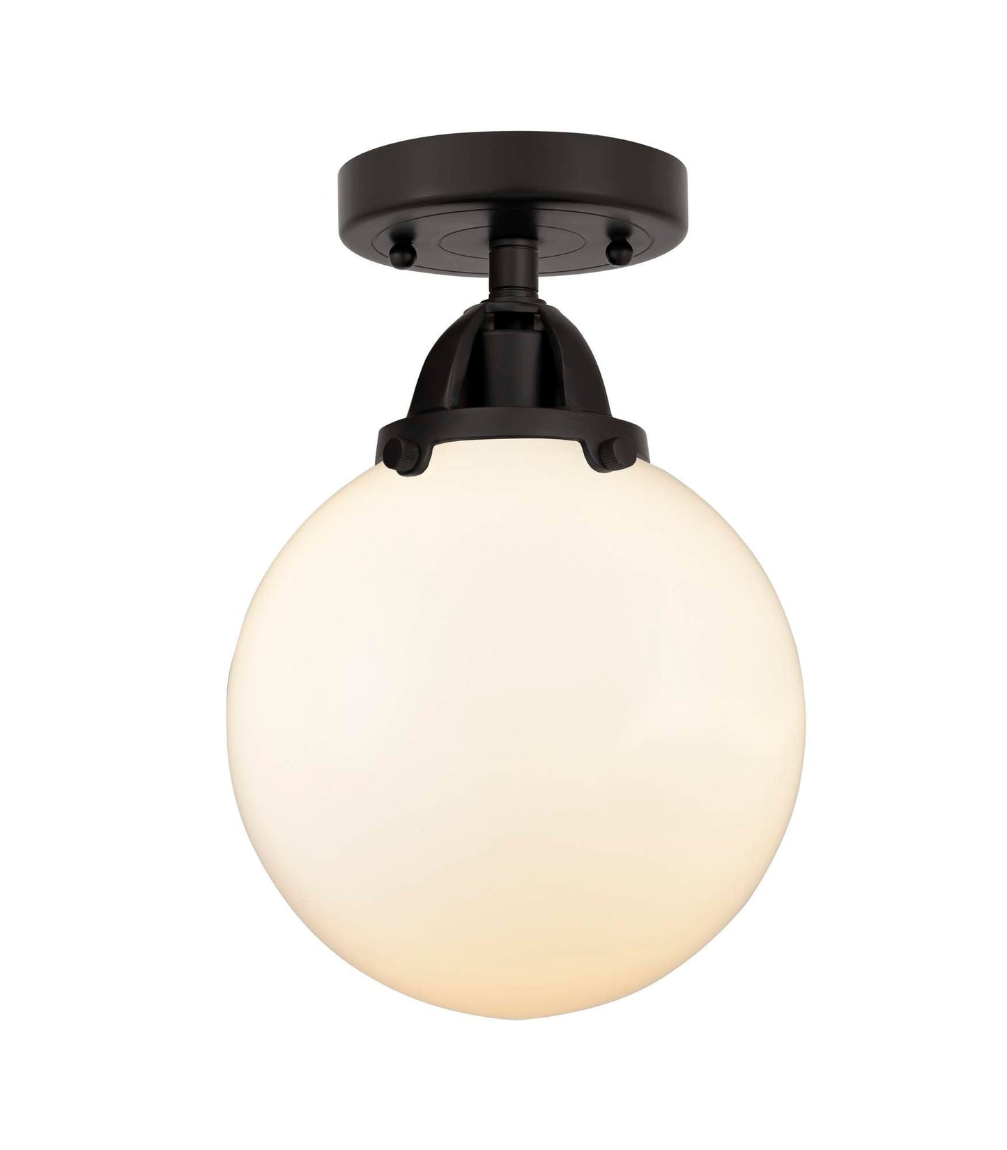 288-1C-BK-G201-8 1-Light 8" Matte Black Semi-Flush Mount - Matte White Cased Beacon Glass - LED Bulb - Dimmensions: 8 x 8 x 11.25 - Sloped Ceiling Compatible: No