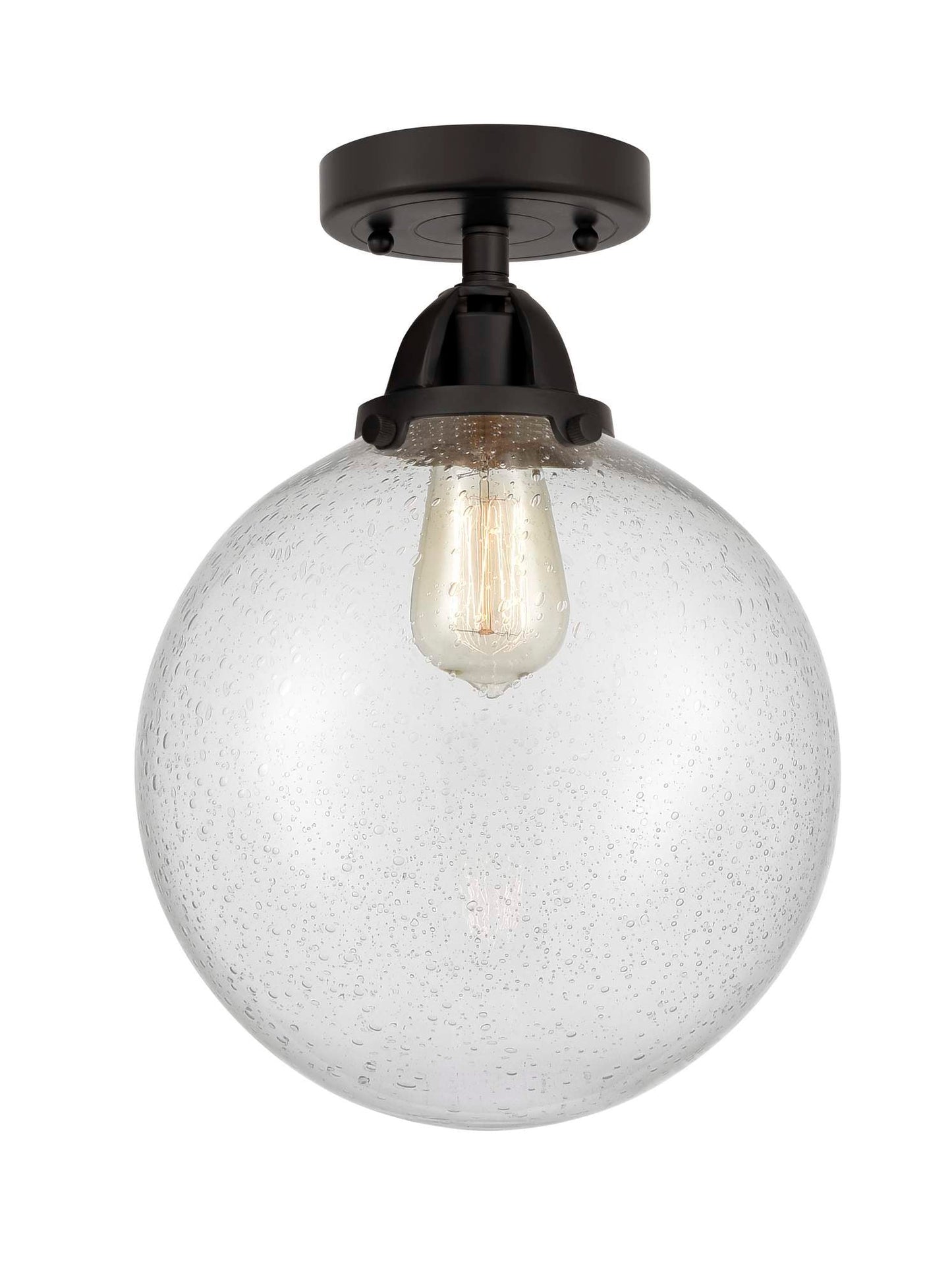 288-1C-BK-G204-10 1-Light 10" Matte Black Semi-Flush Mount - Seedy Beacon Glass - LED Bulb - Dimmensions: 10 x 10 x 13.25 - Sloped Ceiling Compatible: No