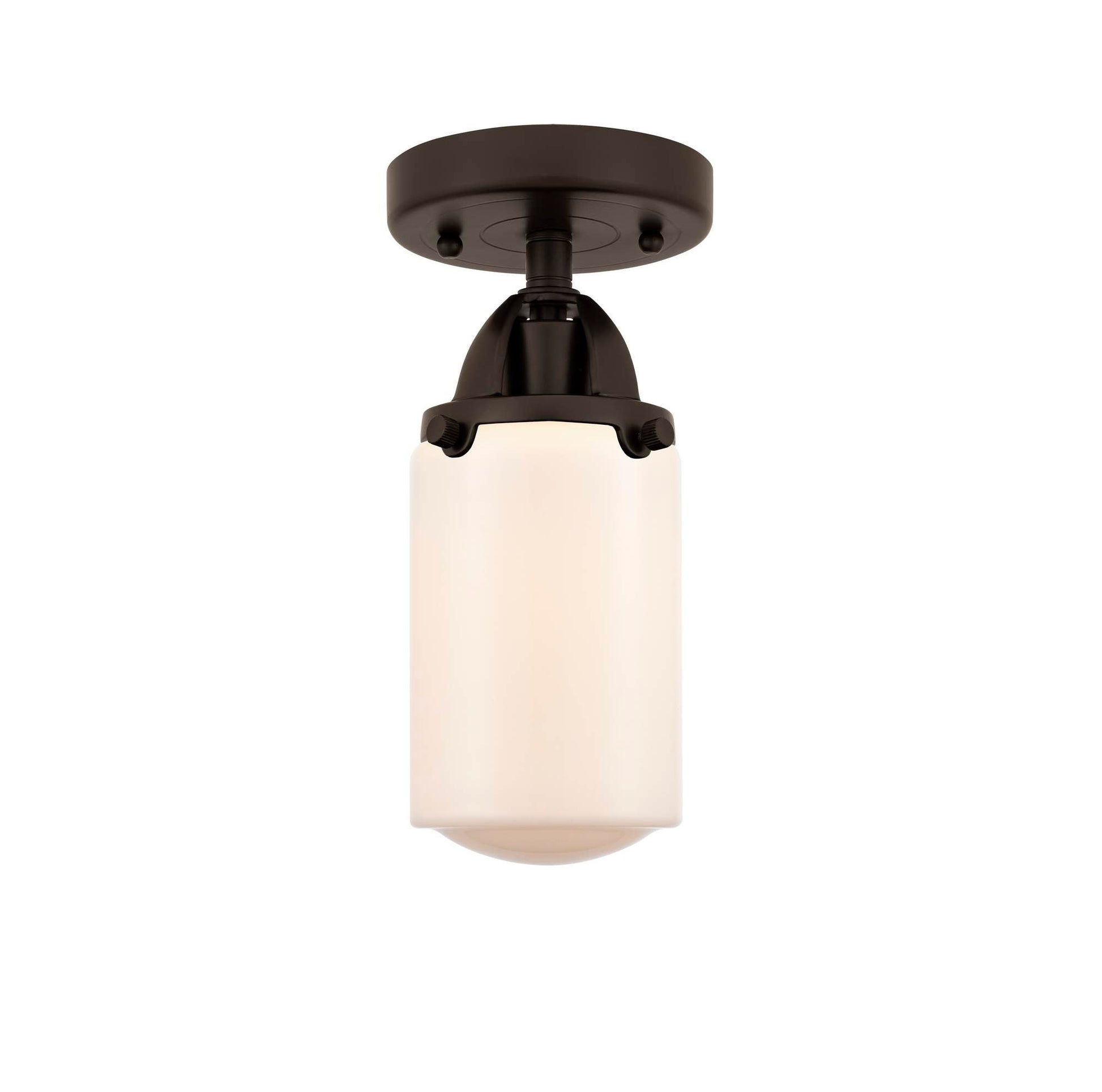 288-1C-OB-G311 1-Light 4.5" Oil Rubbed Bronze Semi-Flush Mount - Matte White Cased Dover Glass - LED Bulb - Dimmensions: 4.5 x 4.5 x 10 - Sloped Ceiling Compatible: No