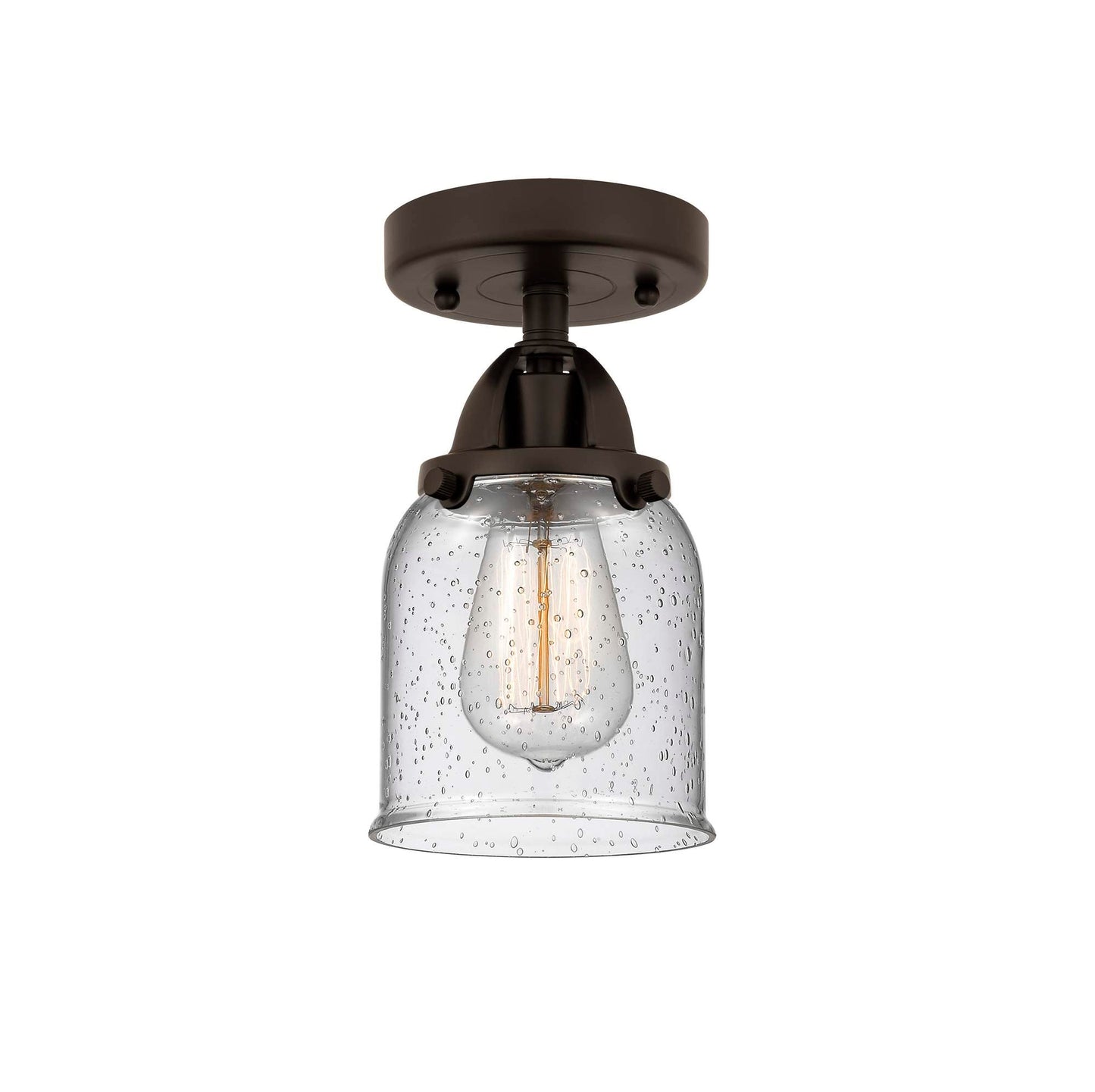 288-1C-OB-G54 1-Light 5" Oil Rubbed Bronze Semi-Flush Mount - Seedy Small Bell Glass - LED Bulb - Dimmensions: 5 x 5 x 9.25 - Sloped Ceiling Compatible: No