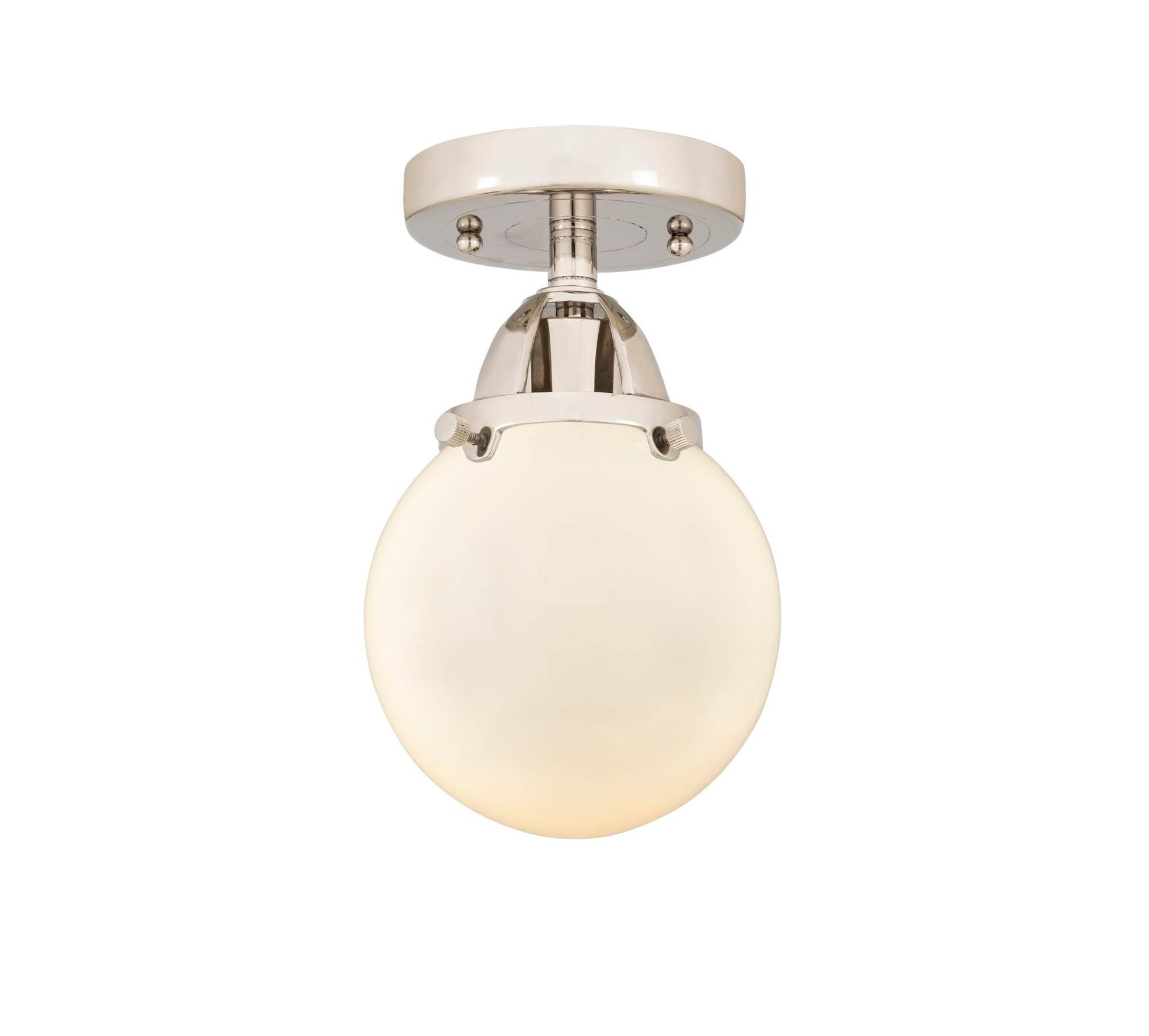 288-1C-PN-G201-6 1-Light 6" Polished Nickel Semi-Flush Mount - Matte White Cased Beacon Glass - LED Bulb - Dimmensions: 6 x 6 x 9.25 - Sloped Ceiling Compatible: No