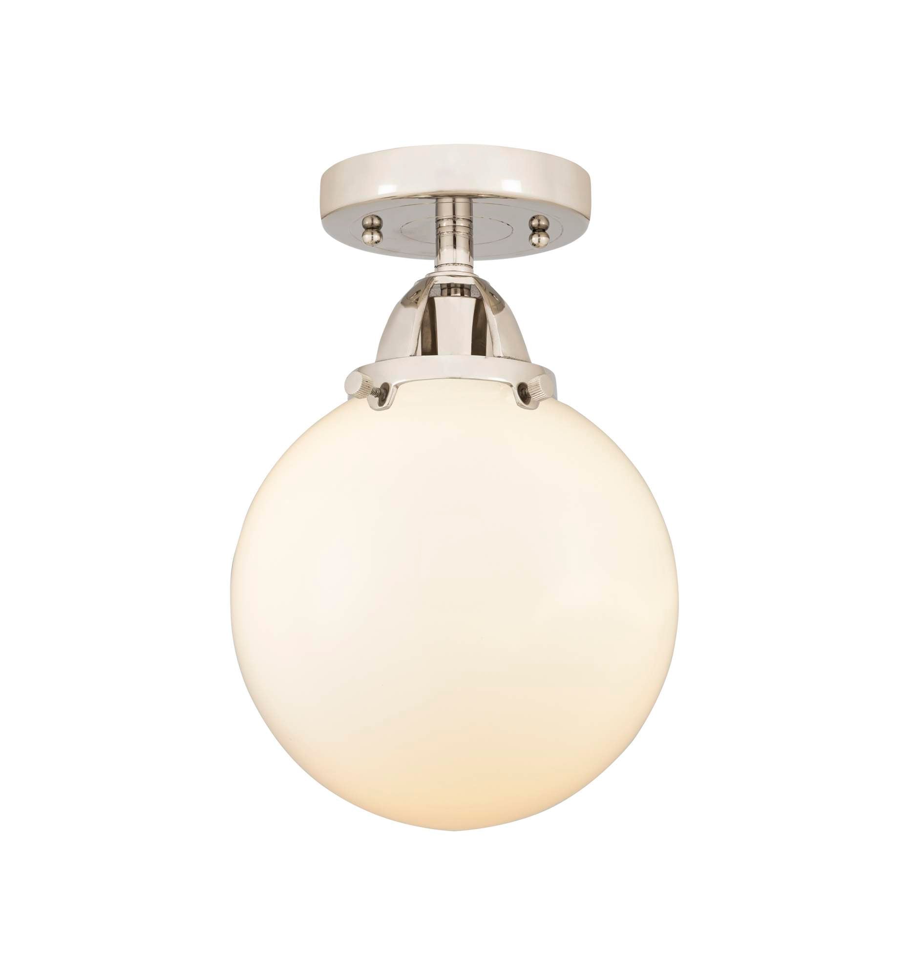 288-1C-PN-G201-8 1-Light 8" Polished Nickel Semi-Flush Mount - Matte White Cased Beacon Glass - LED Bulb - Dimmensions: 8 x 8 x 11.25 - Sloped Ceiling Compatible: No