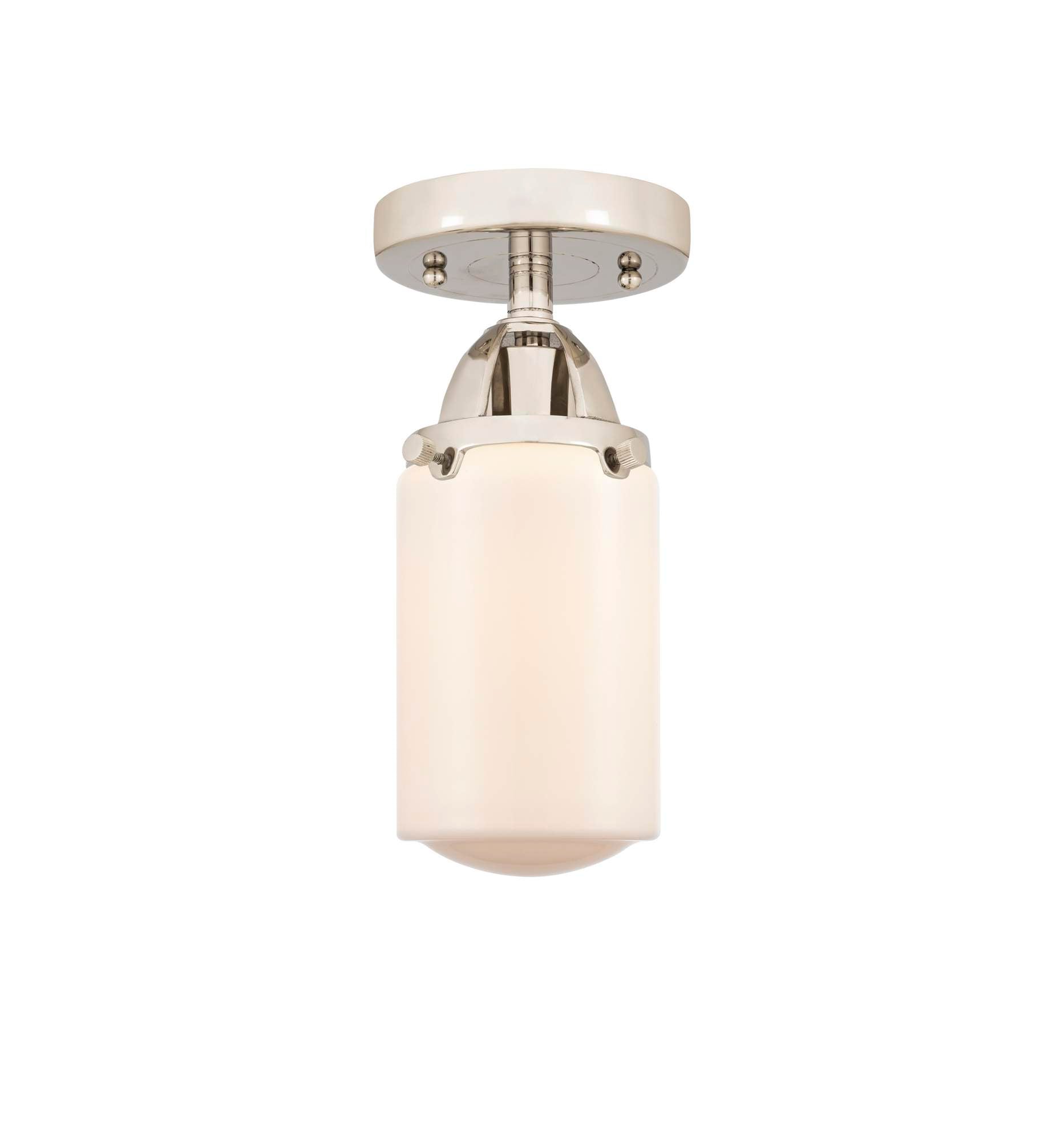 288-1C-PN-G311 1-Light 4.5" Polished Nickel Semi-Flush Mount - Matte White Cased Dover Glass - LED Bulb - Dimmensions: 4.5 x 4.5 x 10 - Sloped Ceiling Compatible: No