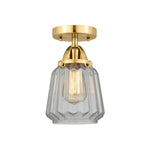 288-1C-SG-G142 1-Light 7" Satin Gold Semi-Flush Mount - Clear Chatham Glass - LED Bulb - Dimmensions: 7 x 7 x 9.25 - Sloped Ceiling Compatible: No