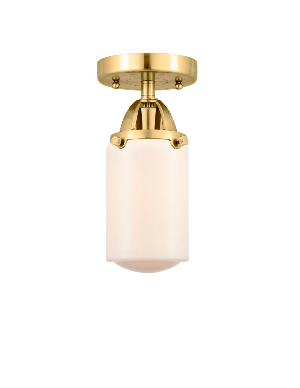 288-1C-SG-G311 1-Light 4.5" Satin Gold Semi-Flush Mount - Matte White Cased Dover Glass - LED Bulb - Dimmensions: 4.5 x 4.5 x 10 - Sloped Ceiling Compatible: No