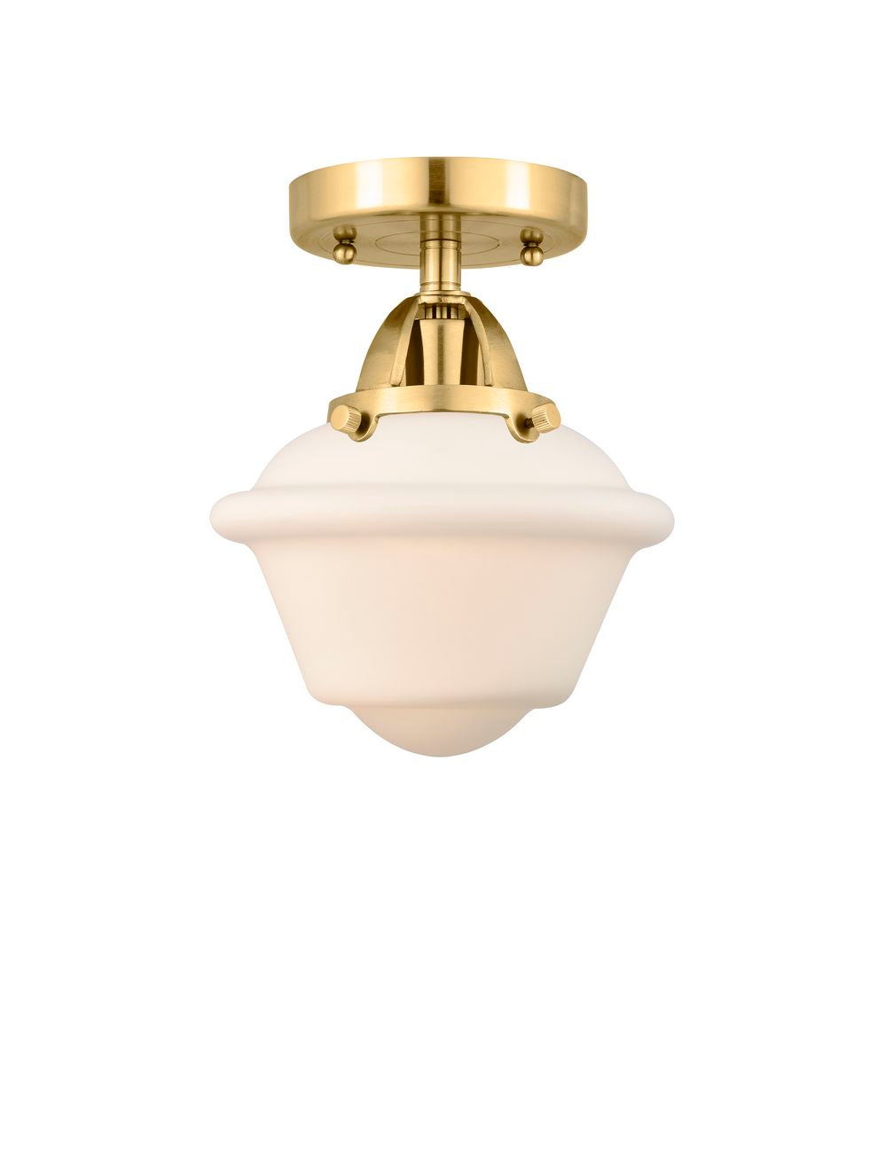 288-1C-SG-G531 1-Light 7.5" Satin Gold Semi-Flush Mount - Matte White Cased Small Oxford Glass - LED Bulb - Dimmensions: 7.5 x 7.5 x 9.25 - Sloped Ceiling Compatible: No