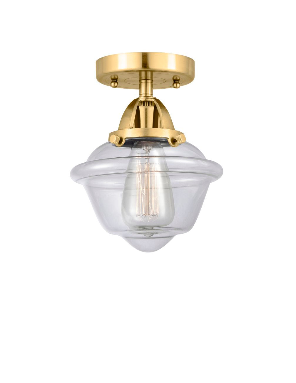 288-1C-SG-G532 1-Light 7.5" Satin Gold Semi-Flush Mount - Clear Small Oxford Glass - LED Bulb - Dimmensions: 7.5 x 7.5 x 9.25 - Sloped Ceiling Compatible: No