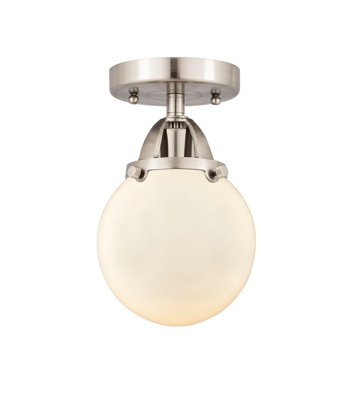 288-1C-SN-G201-6 1-Light 6" Brushed Satin Nickel Semi-Flush Mount - Matte White Cased Beacon Glass - LED Bulb - Dimmensions: 6 x 6 x 9.25 - Sloped Ceiling Compatible: No