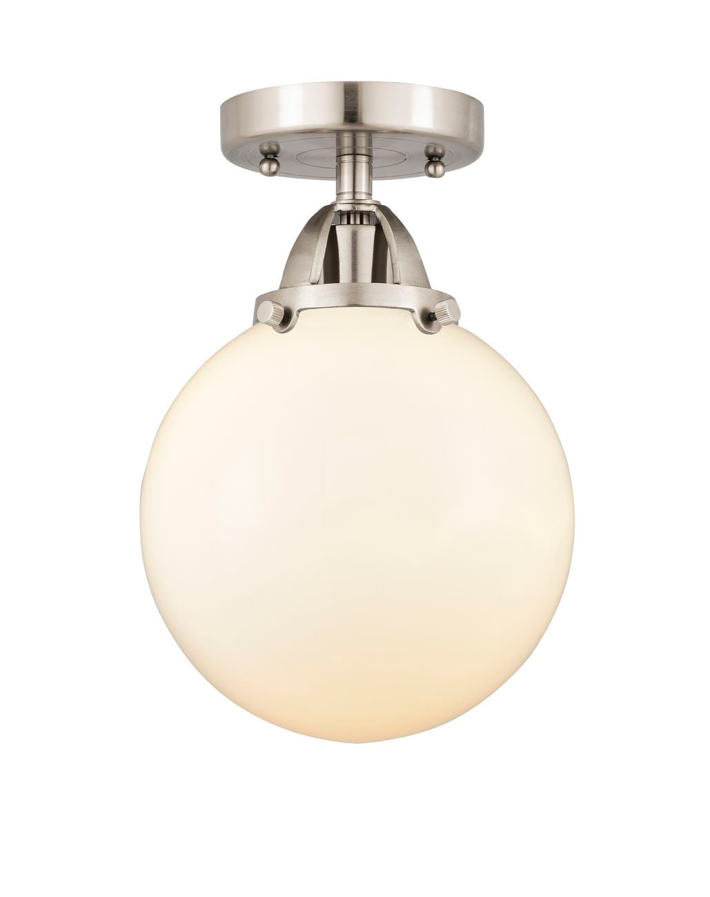 288-1C-SN-G201-8 1-Light 8" Brushed Satin Nickel Semi-Flush Mount - Matte White Cased Beacon Glass - LED Bulb - Dimmensions: 8 x 8 x 11.25 - Sloped Ceiling Compatible: No