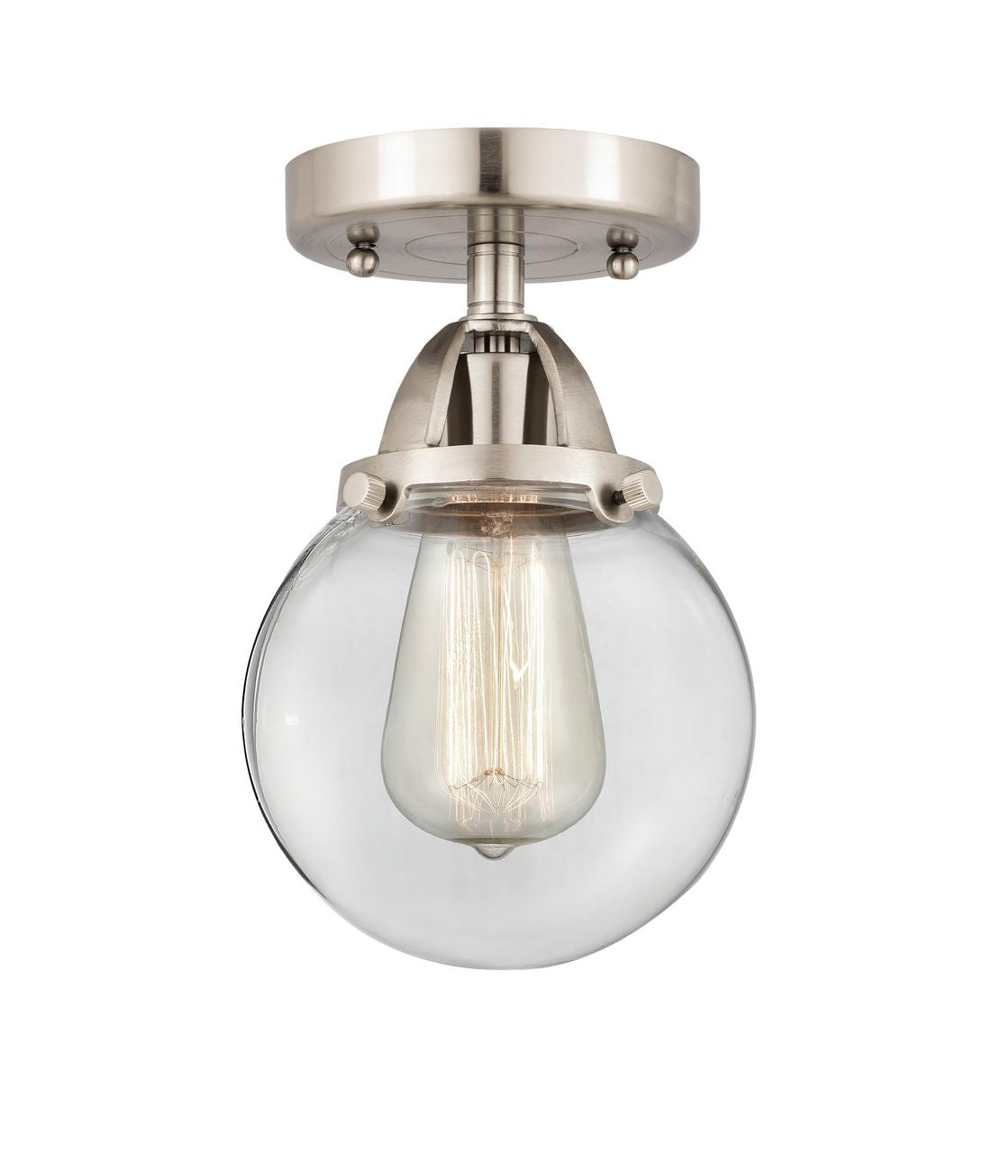 288-1C-SN-G202-6 1-Light 6" Brushed Satin Nickel Semi-Flush Mount - Clear Beacon Glass - LED Bulb - Dimmensions: 6 x 6 x 9.25 - Sloped Ceiling Compatible: No