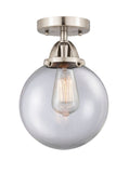 288-1C-SN-G202-8 1-Light 8" Brushed Satin Nickel Semi-Flush Mount - Clear Beacon Glass - LED Bulb - Dimmensions: 8 x 8 x 11.25 - Sloped Ceiling Compatible: No