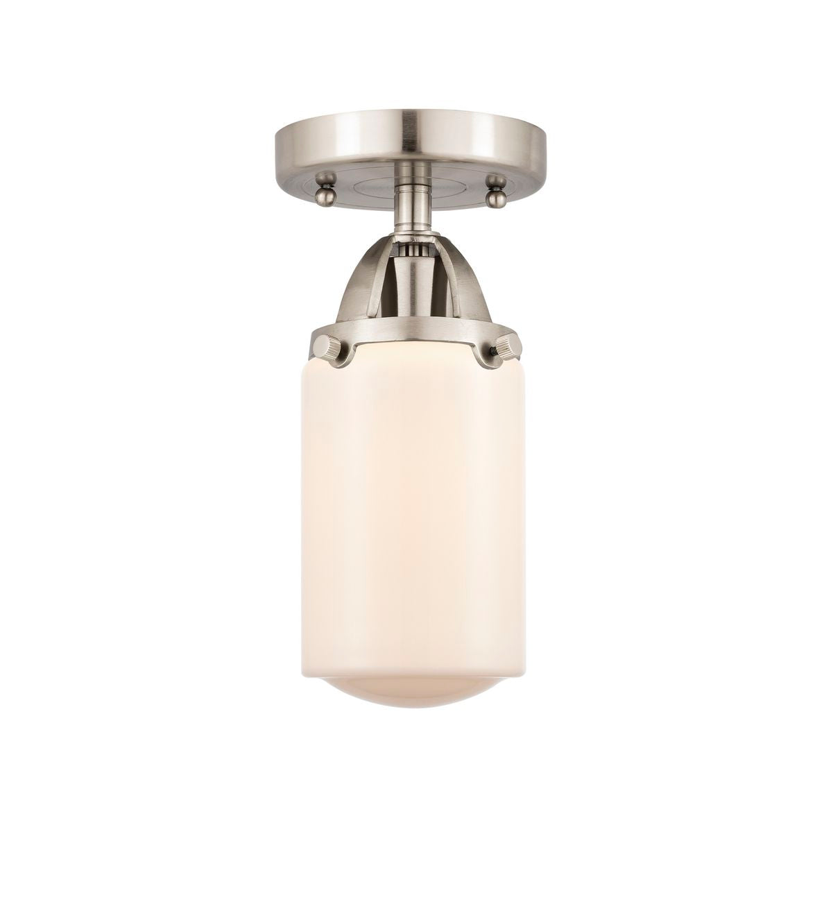 288-1C-SN-G311 1-Light 4.5" Brushed Satin Nickel Semi-Flush Mount - Matte White Cased Dover Glass - LED Bulb - Dimmensions: 4.5 x 4.5 x 10 - Sloped Ceiling Compatible: No