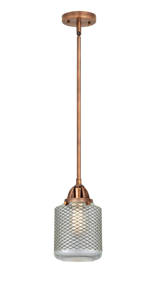 288-1S-AC-G262 Stem Hung 6" Antique Copper Mini Pendant - Vintage Wire Mesh Stanton Glass - LED Bulb - Dimmensions: 6 x 6 x 10.5<br>Minimum Height : 20<br>Maximum Height : 44 - Sloped Ceiling Compatible: Yes