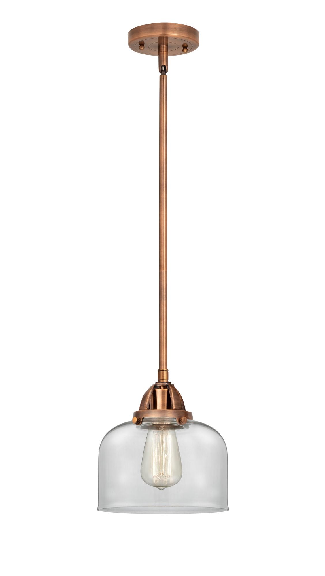 Stem Hung 8" Antique Copper Mini Pendant - Clear Large Bell Glass LED