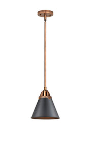 288-1S-AC-M13-BK Stem Hung 8" Antique Copper Mini Pendant - Matte Black Appalachian Shade - LED Bulb - Dimmensions: 8 x 8 x 8.875<br>Minimum Height : 18.375<br>Maximum Height : 42.375 - Sloped Ceiling Compatible: Yes