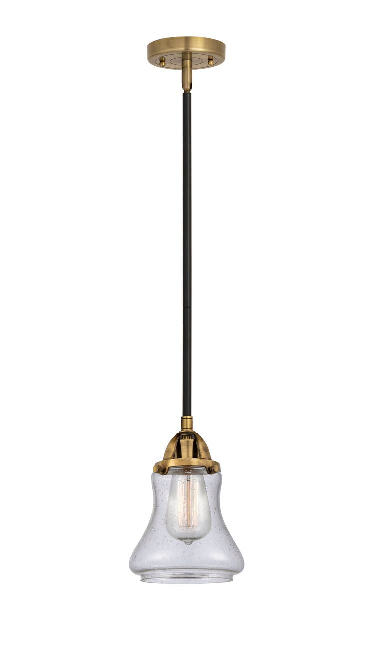 288-1S-BAB-G194 Stem Hung 6" Black Antique Brass Mini Pendant - Seedy Bellmont Glass - LED Bulb - Dimmensions: 6 x 6 x 9<br>Minimum Height : 18.5<br>Maximum Height : 42.5 - Sloped Ceiling Compatible: Yes