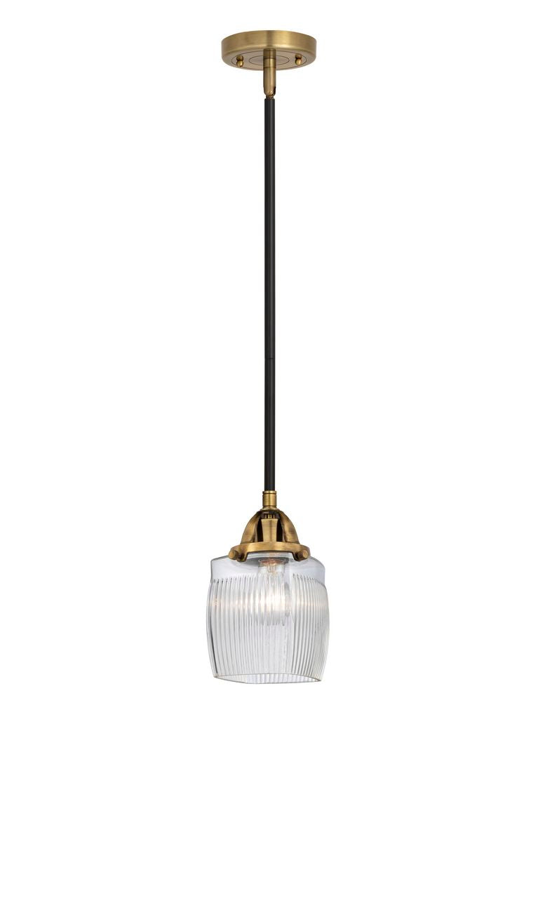 288-1S-BAB-G302 Stem Hung 5.5" Black Antique Brass Mini Pendant - Thick Clear Halophane Colton Glass - LED Bulb - Dimmensions: 5.5 x 5.5 x 8.75<br>Minimum Height : 18.25<br>Maximum Height : 42.25 - Sloped Ceiling Compatible: Yes