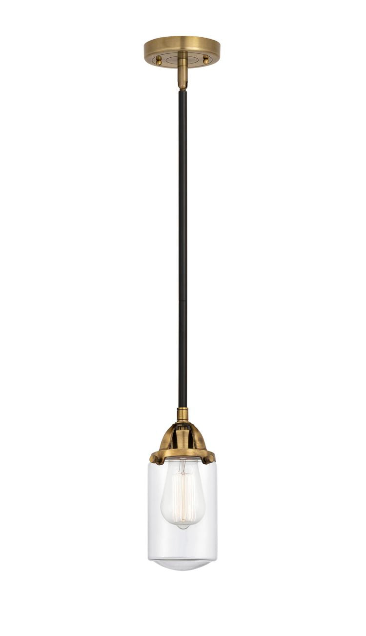 288-1S-BAB-G312 Stem Hung 4.5" Black Antique Brass Mini Pendant - Clear Dover Glass - LED Bulb - Dimmensions: 4.5 x 4.5 x 9.25<br>Minimum Height : 18.75<br>Maximum Height : 42.75 - Sloped Ceiling Compatible: Yes