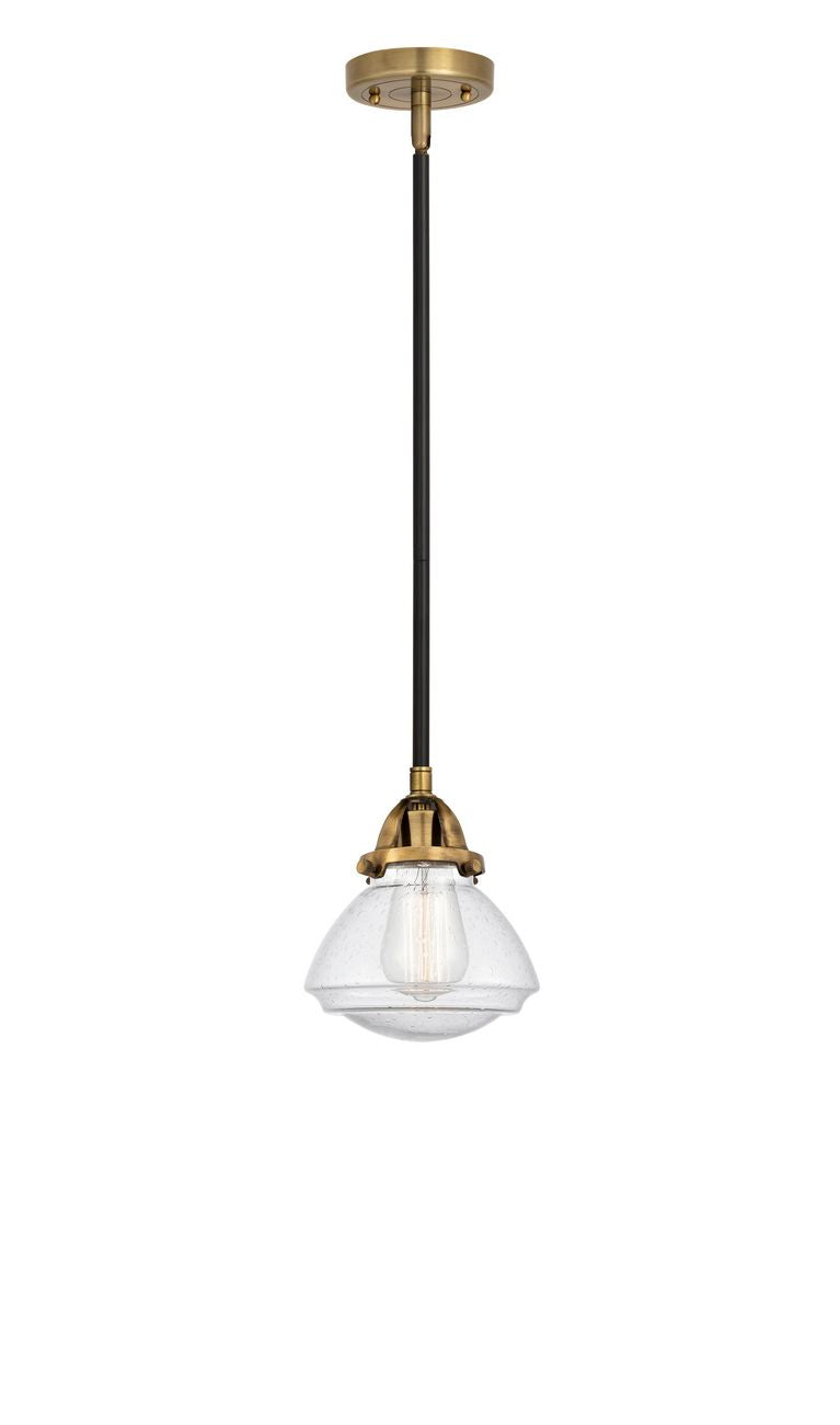 288-1S-BAB-G324 Stem Hung 6.75" Black Antique Brass Mini Pendant - Seedy Olean Glass - LED Bulb - Dimmensions: 6.75 x 6.75 x 7.75<br>Minimum Height : 17.25<br>Maximum Height : 41.25 - Sloped Ceiling Compatible: Yes