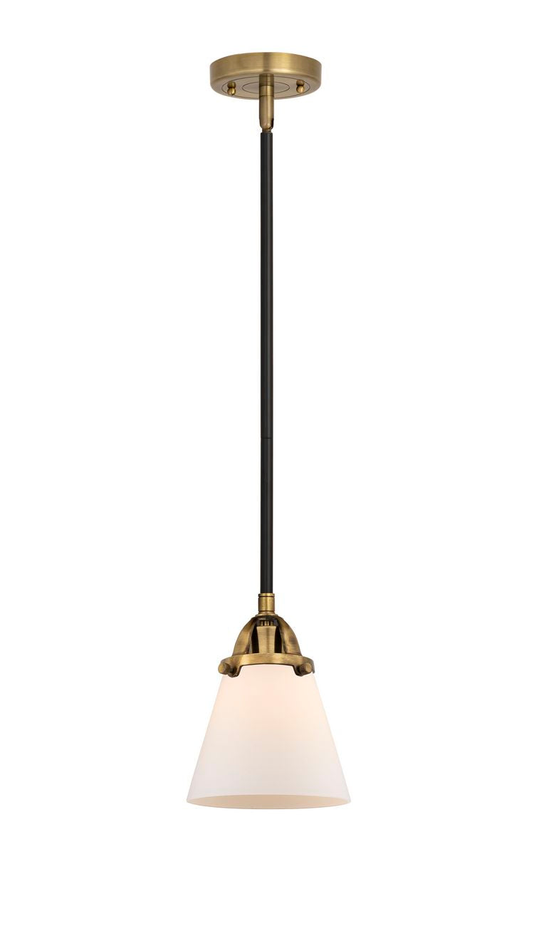 288-1S-BAB-G61 Stem Hung 6.25" Black Antique Brass Mini Pendant - Matte White Cased Small Cone Glass - LED Bulb - Dimmensions: 6.25 x 6.25 x 8.5<br>Minimum Height : 18<br>Maximum Height : 42 - Sloped Ceiling Compatible: Yes